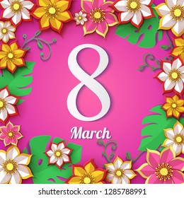 Floral 8 march greeting card. Happy Women's Day. Paper cut flower holiday frame on pink background with with figure eight. Vector illustration. Origami trendy design template. Happy Mother's Day