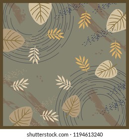Floral abstrac scarf pattern with leaves and circle