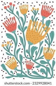 Floral, abstract art. Print design with tulips, leaf, shape, dot, line. pattern, hand-drawn in the style of minimalism. nature design for cover, wall art, invitation,  poster, print. art vector 