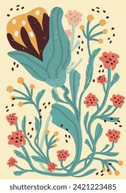 Floral, abstract art. Print design with tulips, leaf, shape, dot, line. pattern, hand-drawn in the style of minimalism. nature design for cover, wall art, invitation,  poster, print. art vector 