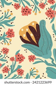 Floral, abstract art. Print design with tulips, leaf, shape, dot, line. pattern, hand-drawn in the style of minimalism. nature design for cover, wall art, invitation,  poster, print. art vector