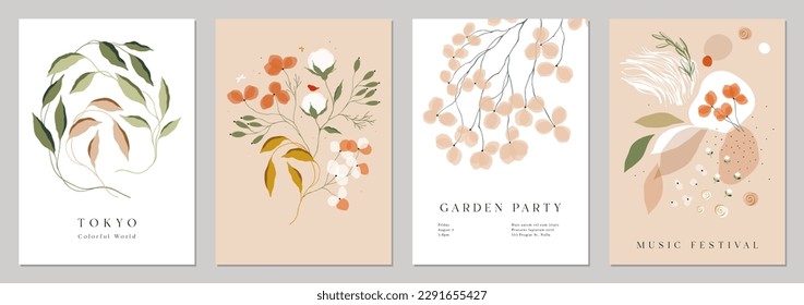 Floral abstract art templates. Decorative flowers, leaves and twigs. For invitation, flyer, poster, wedding and birthday card, banner, brochure, email header, post in social networks, advertising.