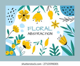 Fondo abstracto floral. Abstracción floral con flores amarillas dibujadas a mano, diseño de Anuncio Horizontal. Tarjeta de felicitación o cartel mínimo. Cubierta decorativa. Ilustración aislada plana de dibujos animados de Vector