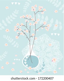 Floral abstract background with cherry blossom. Spring greeting card.