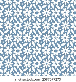 Floral abstract background. Cute ditsy ornament. Vector seamless pattern with simple flat rounded flowers. White lilies, chamomiles, daisies on pale blue background. Cute stylized botanical wallpaper.