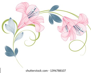 Floral abstract background frame with hand-drawn lily flowers. Element for invitations, greetings, cards.