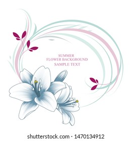 Floral abstract background frame with hand-drawn lily flowers. Element for invitations, greetings, cards.