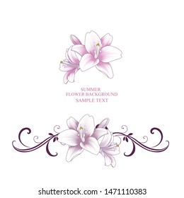 Marco de fondo floral abstracto con flores de lirio dibujadas a mano. Elemento para invitaciones, saludos, tarjetas.
