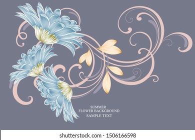 Floral abstract background frame with hand-drawn gerbera flowers. Element for invitations, greetings, cards.