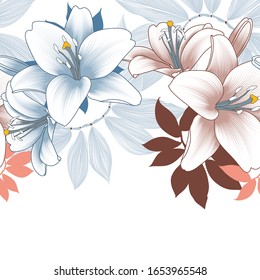 Floral abstract background frame with hand-drawn lily flowers. Element for invitations, greetings, cards.