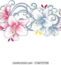 Floral abstract background frame with hand-drawn lily flowers. Element for invitations, greetings, cards.