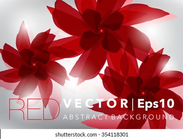 Floral abstract background. Isolated red flowers with realistic transparent shine and shadow on a light background. Vector illustration. Eps 10.