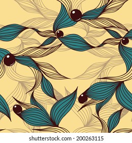 Floral abstract background with leaves and beads. Seamless wallpaper tile.