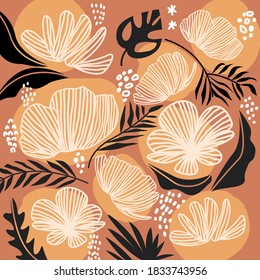 Floral abstract background. Outline and silhouette floral pattern. Vector illustration