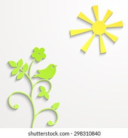 Floral abstract background with paper cut herbal pattern and bird on the branch. Vector EPS10