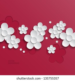 Floral abstract background with paper white flowers on pink. Vector illustration