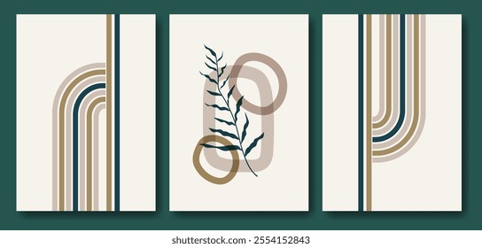 Floral abstract background poster set. Collection of plants, leaf branch and stripes