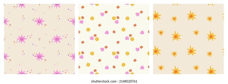 Floral abstract background. A set of summer seamless patterns. Minimalistic pattern with stars and flowers. Summer backgrounds. Modern vector illustrations.