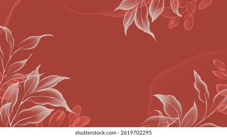 Floral abstract background, a soft, translucent leaves in shades of red and light brown on a deep red background, creating a frame-like effect with a blank space in the center
