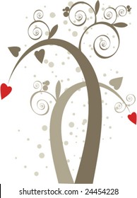 Floral abstract background of trees, leaves and hearts.