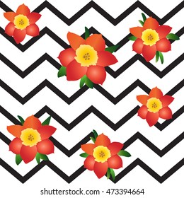 Floral abstract background. Vector illustration. Flowers on zigzag pattern, chevron, zig zag line, zig zag border, pattern, zigzag edge, lines, geometric pattern, zig zag stitch, stripes.