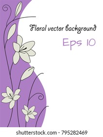 floral abstract background with white lily flower lilac pink curves and spiral stem decorative vector template sample text