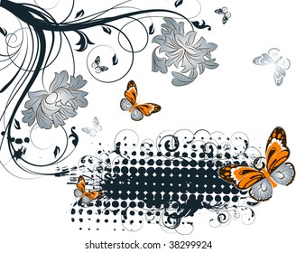 Floral abstract banner with butterflies for design