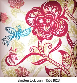 Floral Abstract with Bird
