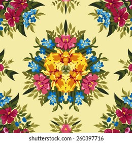 Floral abstract boho or hippie seamless pattern background. Mirror design. Vector illustration.