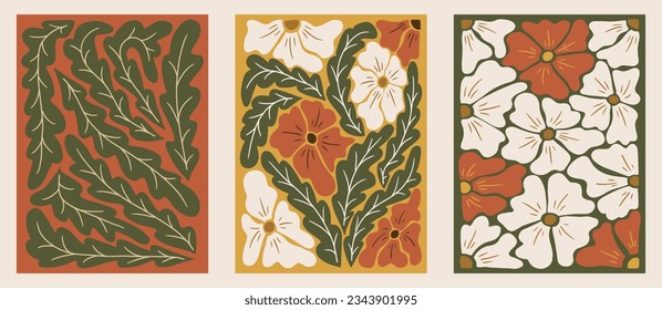 Floral abstract bold minimalictic compositions. Groovy flat set of three vector botanical posters in rectangle form. Suitable for interior decoration, posters, tshirt print, social media graphics