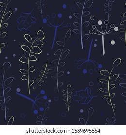 Floral abstract bright pattern with plant elements on dark background.Vector illustration.Print, dress, bag, scarf, Wallpaper, packaging
