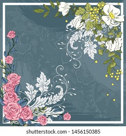 floral abstract with brush for silk scarf and textile
