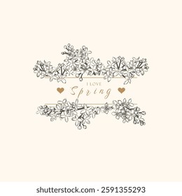 Floral abstract card with rectangle frame. Lilac. Vector botanical illustration. Linear art. Black.