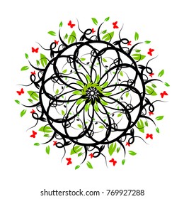 Floral abstract circle with patterns and with butterflies