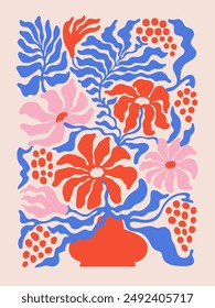 Floral Abstract contemporary poster. Colorful flowers in a red vase on a pink background