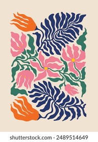 Floral Abstract contemporary poster. Groovy Modern Matisse style art