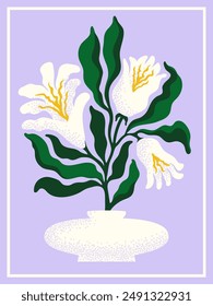 Floral Abstract contemporary poster. White flowers in a vase on a lilac background.