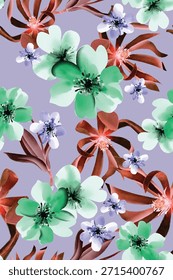 Floral abstract design, arrangement with large and small flowers, all-over pattern with illustration with green brown in purple color, digital image printing factory or background image.