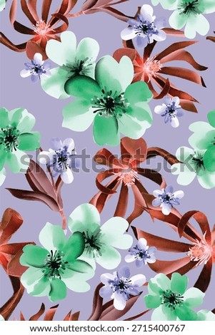 Floral abstract design, arrangement with large and small flowers, all-over pattern with illustration with green brown in purple color, digital image printing factory or background image.