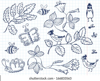 Floral abstract doodle set with insects