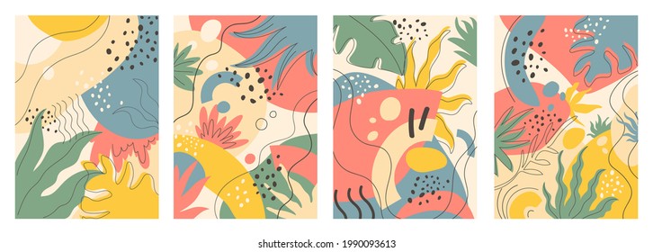 Floral abstract dot leaf flower pattern vector illustration. Cartoon geometric shapes and leaves foliage decoration for wall art, wallpaper design element, fashion vertical modern template background