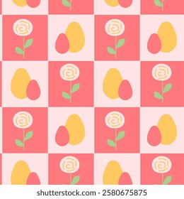 Floral and abstract Easter geometric pattern with flowers and eggs.
