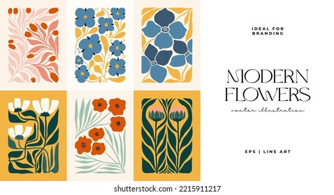 Floral abstract elements. Botanical composition. Modern trendy Matisse minimal style. Floral poster, invite. Vector arrangements for greeting card or invitation design