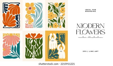 Floral abstract elements. Botanical composition. Modern trendy Matisse minimal style. Floral poster, invite. Vector arrangements for greeting card or invitation design