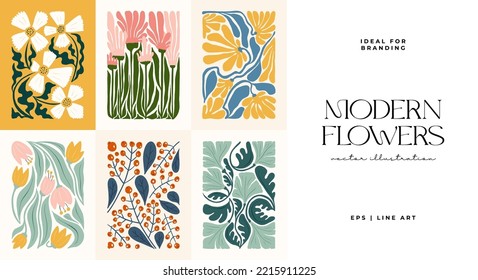 Floral abstract elements. Botanical composition. Modern trendy Matisse minimal style. Floral poster, invite. Vector arrangements for greeting card or invitation design