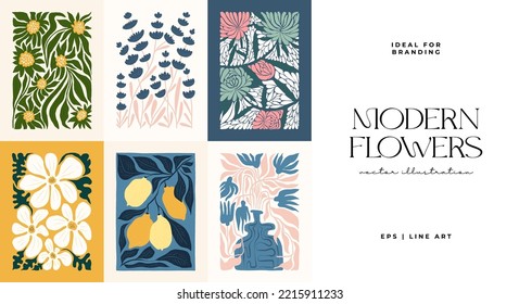 Floral abstract elements. Botanical composition. Modern trendy Matisse minimal style. Floral poster, invite. Vector arrangements for greeting card or invitation design