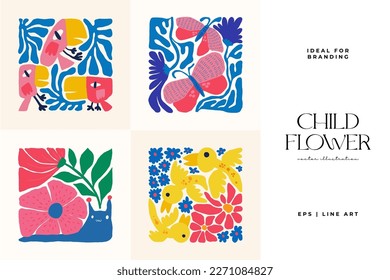 Floral abstract elements. Botanical composition. Modern trendy Matisse minimal style. Floral poster, invite. Vector arrangements for greeting card or invitation design