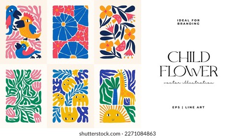 Floral abstract elements. Botanical composition. Modern trendy Matisse minimal style. Floral poster, invite. Vector arrangements for greeting card or invitation design