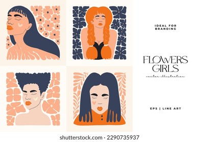 Floral abstract elements. Botanical composition. Modern trendy Matisse minimal style. Floral poster, girls, fashion invite. Vector arrangements for greeting card or invitation design