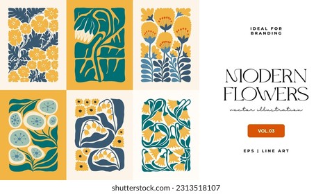 Floral abstract elements. Botanical composition. Modern trendy Matisse minimal style. Floral poster, invite. Vector arrangements for greeting card or invitation design